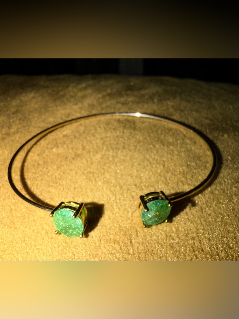 Gold Open Cuff Bracelet with Green Druzy Stones